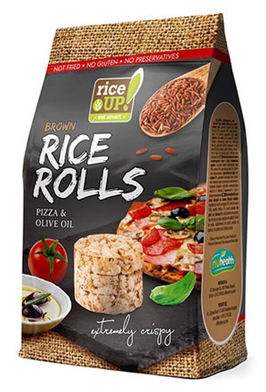 Gluten-free brown rice crackers Mini RICE UP chips with pizza seasoning and olive oil, 50g