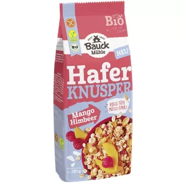 Bezglutēna kraukšķīgas auzu sausās brokastis ar mango un avenēm, ekoloģiskas 285g