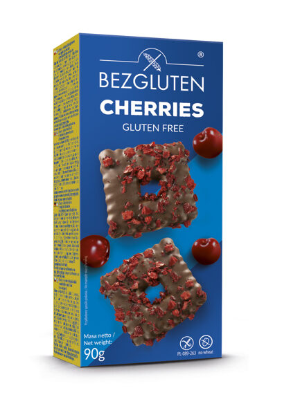 Gluten free CHERIES biscuits in chocolate with pieces of freeze dried cherries, 90 g.