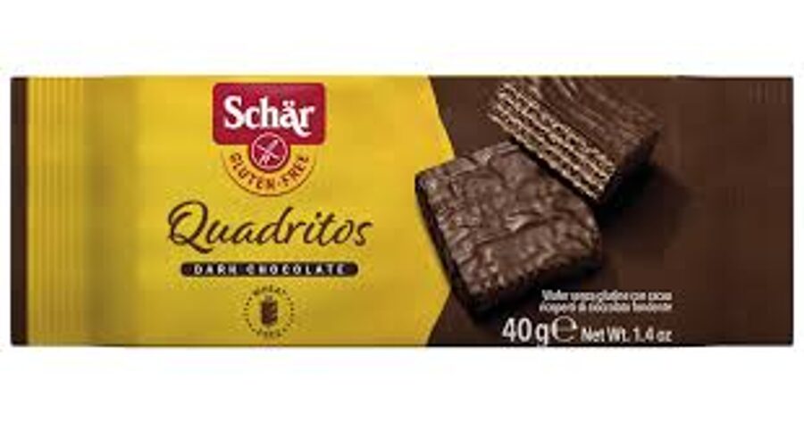Вафельный батончик Schär Quadritos без глютена с какао в темной шоколадной глазури, 40 г.