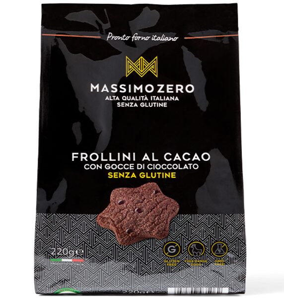 JAUNUMS! Bezglutēna kakao cepumi MASSIMO ZERO ar šokolādes gabaliņiem, 220 g.